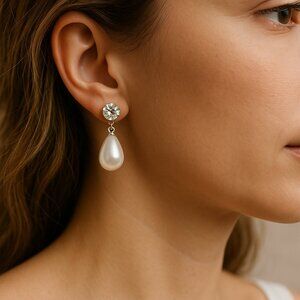 Freshwater Pearl Drop Earrings with Rhinestone Studs